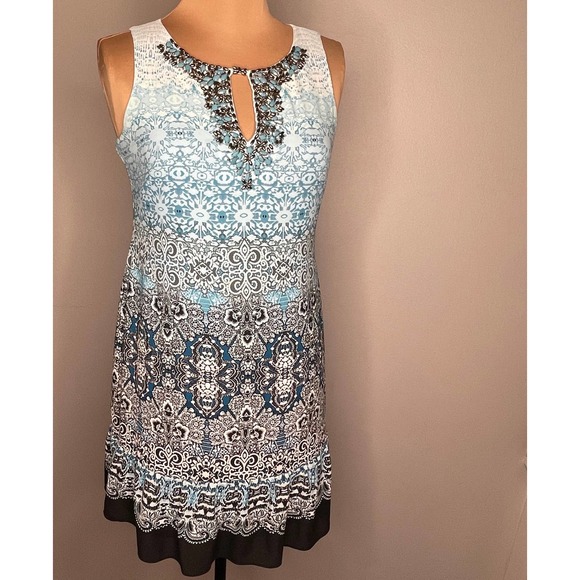 WHBM Oasis Blue Shift Lined Dress Embellished Print Sleeveless Small Petite - Picture 2 of 14